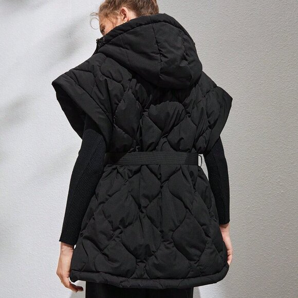 Black Casual Women's Zip Up Belted Vest Puffer Coat - Picture 3 of 7